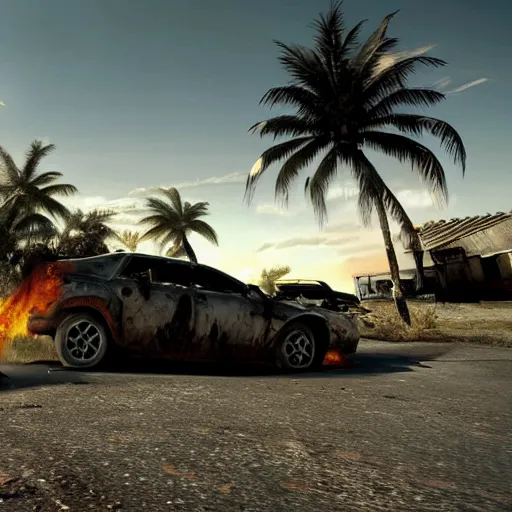 Image similar to far cry car leaking black tar chaotic intensive apocalyptic adrenaline anger oil black tar landscape wasteland miami desert landscape natural disasters sunset palm trees landscape