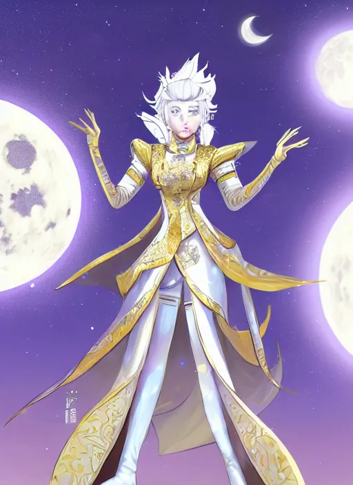 Prompt: commissioned full body portrait of a female anthro werewolf fursona with white hair wearing a white and gold chinese armored dress in a white and gold palace on a starry night with a large rescent moon, by a professional manga illustrator, Stanley Artgerm Lau, WLOP, Rossdraws, James Jean, Andrei Riabovitchev, Marc Simonetti, and Sakimichan, trending on artstation