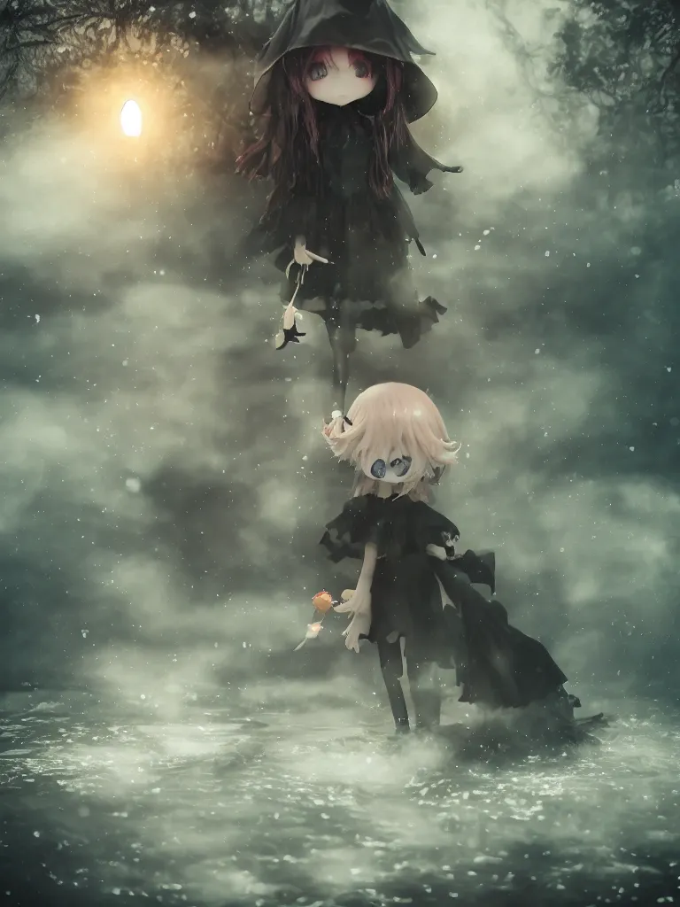 Image similar to cute fumo plush girl witch standing in reflective murky river water, gothic horror maiden in tattered cloth, hazy heavy swirling volumetric fog and smoke, moonglow, lens flare, chibi anime, vray