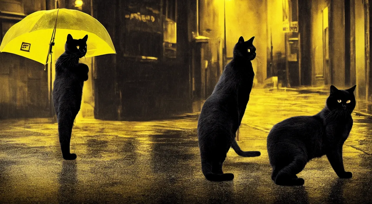 Prompt: a big black cat in a yellow raincoat on a badly lit street, cinematic, realistic, noir