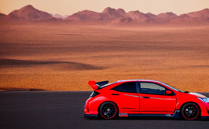 Image similar to photograph of an itasha Honda Civic EK9 Type-R, surrounded by desert with a futuristic city in the horizon, sigma 85mm f/1.4, 4k, depth of field, high resolution, 4k, 8k, hd, full color