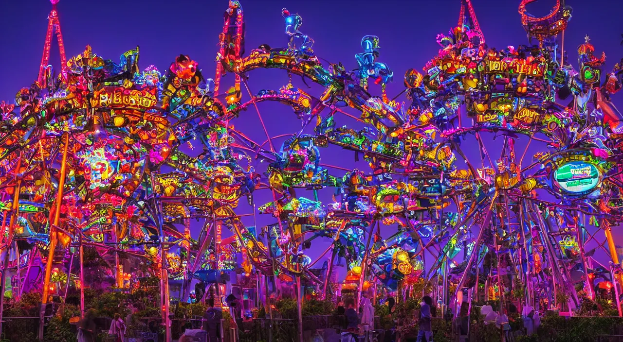 Prompt: A magical and highly technological amusement park at twilight, colorful, dark, highly detailed