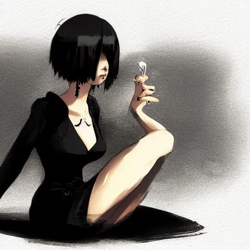 Image similar to Elegant woman in black dress and black bob hair, smoking a cigarette, sitting in dark room, smoke, smooth, sharp focus, by Akihiko Yoshida, Greg Tocchini, Greg Rutkowski, Cliff Chiang, 4k resolution, digital painting, small chromatic aberration