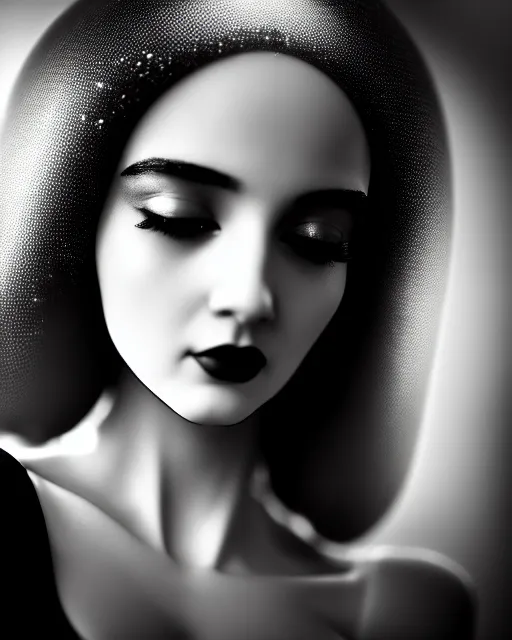 Image similar to black and white dreamy young beautiful female artificial intelligence, metropolis, cinematic, rim light, bokeh, photo - realistic, elegant, high detail, 8 k, masterpiece, photo taken in 1 9 3 0