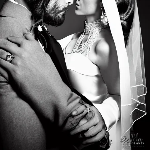 Prompt: close up portrait wedding photo of jared leto dressed in a white tuxedo kissing a female version of himself dressed in a wedding gown