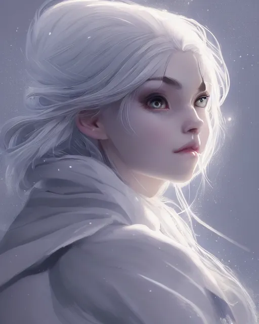 Image similar to a beautiful snow sorceress, flowy white grey hair, grey eyes, winter, frozen, snow, cinematic lighting, highly detailed, digital painting, trending on artstation, pixiv, concept art, sharp focus, illustration, art by ross tran and wlop, dark art