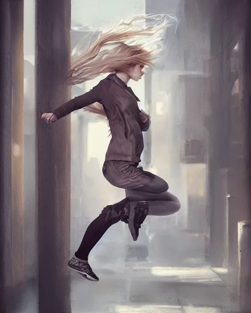 Image similar to an action realistic fine art painting of a early twenties female parkouring in the city with flowing blonde hair, inspired by Tom Bagshaw and David Stoupakis, studio portrait, muted colors, detailed hair, cinematic lighting, trending on artstation, 4K