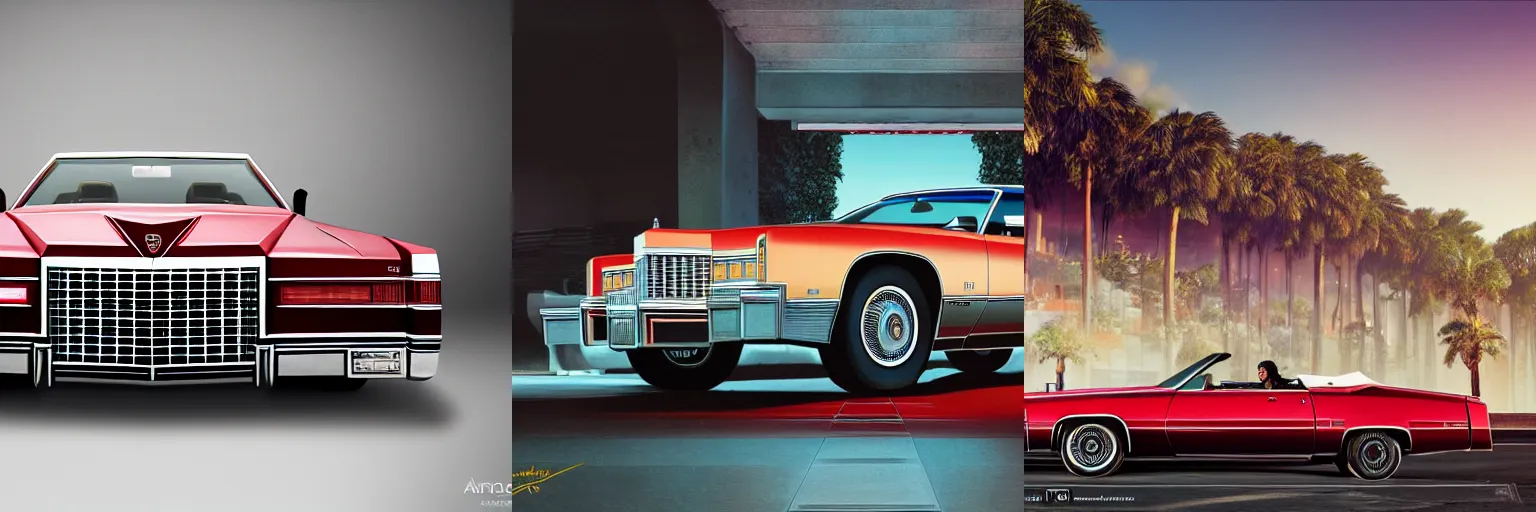 Image similar to imposing symmetrical picture, one single red 1975 cadillac eldorado convertible car as a grand theft auto 5 loading screen, symmetry, front view, intricate, studio, art by anthony macbain + greg rutkowski + alphonse mucha, concept art, 4k, sharp focus