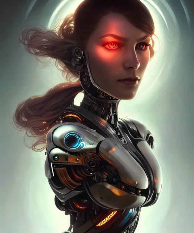 Image similar to futuristic woman Cyborg portrait, sci-fi, amber eyes, face, long hair, fantasy, intricate, elegant, highly detailed, digital painting, artstation, concept art, smooth, sharp focus, illustration, art by artgerm and greg rutkowski and alphonse mucha