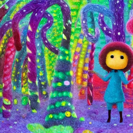 Image similar to a black girl with a colorful afro and rainbow eyes, in a candy forest! at night, bokeh, bright colours, watercolor, volumetric wool felting, macro photography, children illustration, by goro fujita