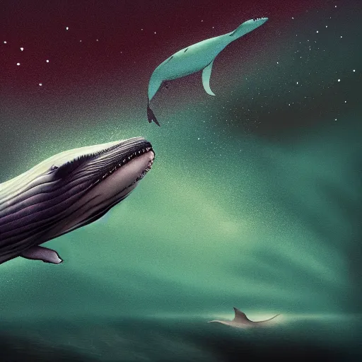 Image similar to portrait of whale swimming on a night sky, swimming across the universe, oniric, dreamy, beautiful, highly detailed, cinematic, trending on artstation