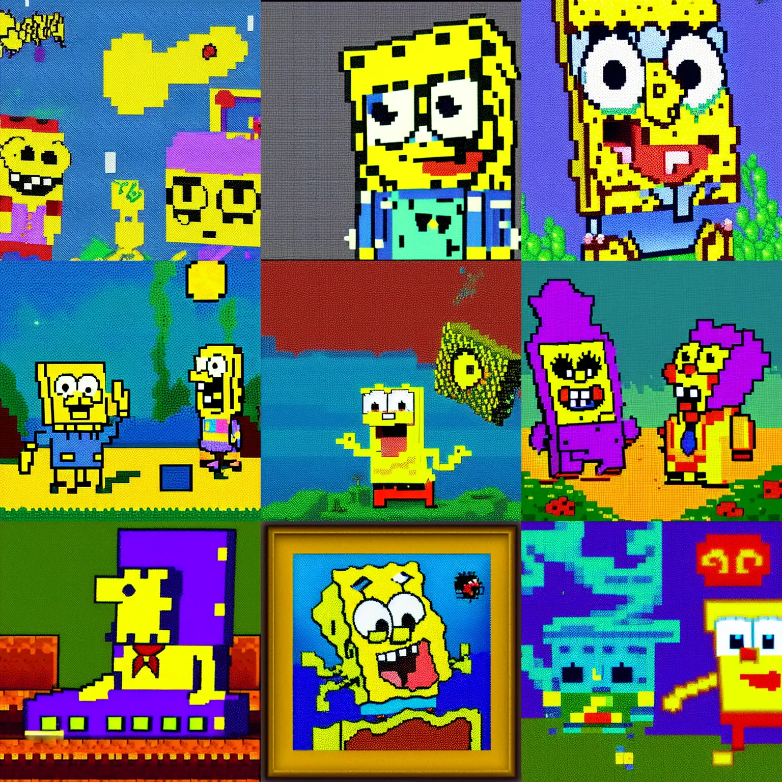 Prompt: fantastic lighting, pixel art, high detail , 16 bits, spongebob, 2d,pointillisme