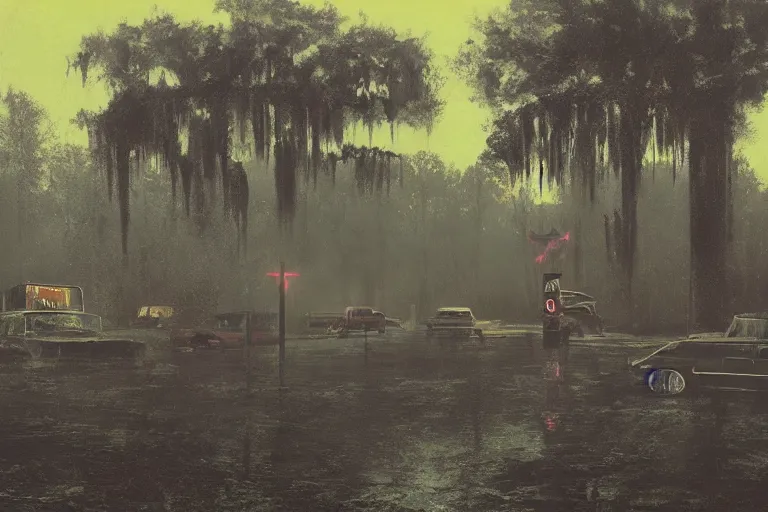 Image similar to scene from louisiana swamps, old protestant church with neon satanic pentagram, junkyard by the road, boy scout troop, voodoo artwork by tim eitel