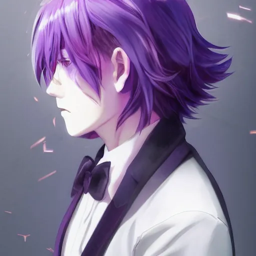 Prompt: beautiful anime ( ( ( ( shion ) ) ) ) with purple hair, ( ( horn ) ) ( ( ( ponytail ) ) ) ( purple eyes ), a purple tuxedo, sharp focus, intricate, cell shaded, award winning photography, cinematic, digital painting, cinematic, wlop, 8 k, by ross tran, tom bagshaw