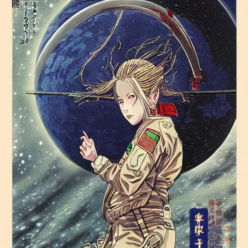 Image similar to portrait of female demon naraka astronaut painted in miyazaki color style drawn by katsuhiro otomo and takato yamamoto, high detail, intricate linework, sharp, smooth face, china doll face, high detail, manga and anime