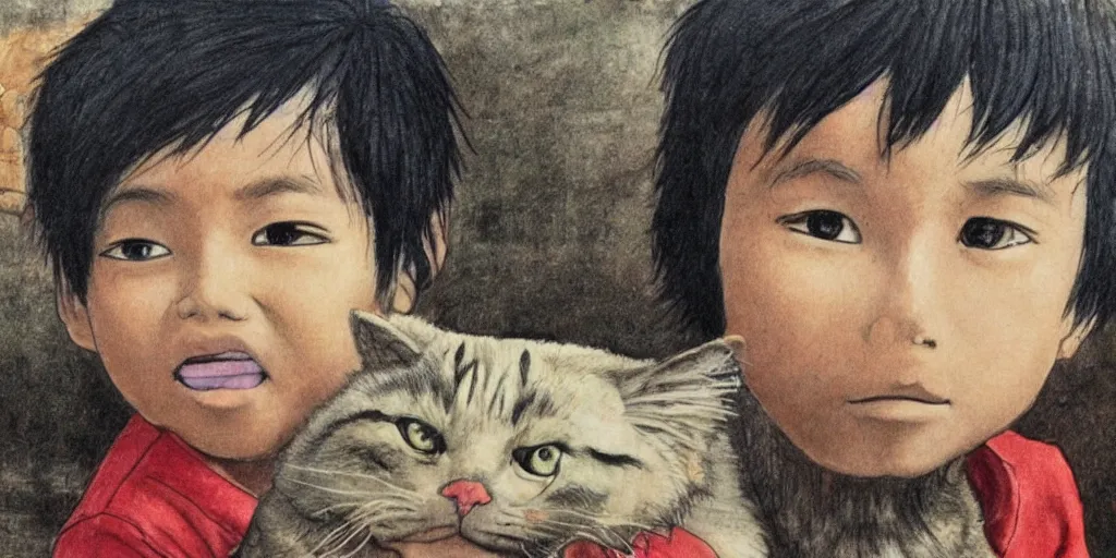 Image similar to drawn by hayao miyazaki, sri lankan kid with cat, looking at camera, closeup