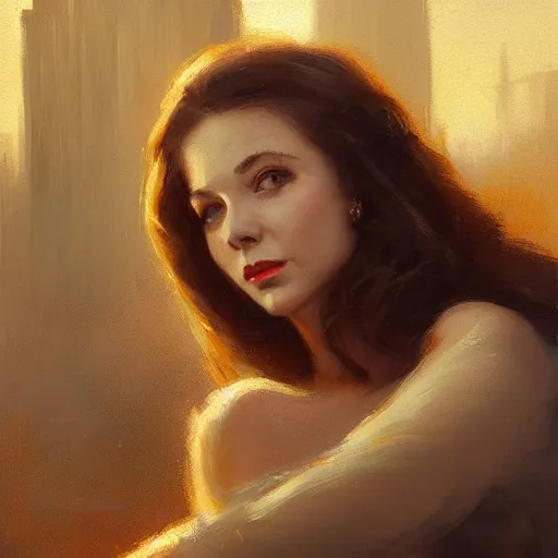 Image similar to closeup portrait of a young vivian leigh, chiaroscuro, city background, golden hour, dramatic lighting, high detail, painted by greg rutkowski, painted by igor kieryluk, trending on artstation