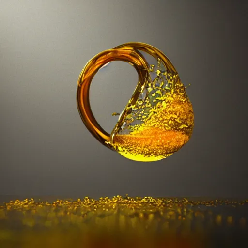 Image similar to klein bottle filled with honey surrounded by dark water with floating flower petals, octane render, trending on artstation, product photography