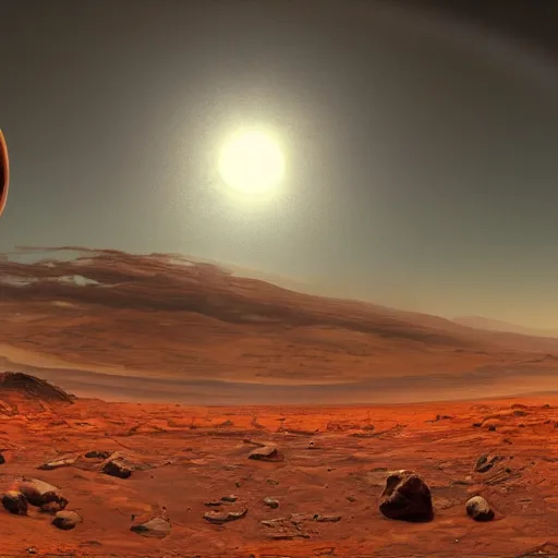 Prompt: robotic life on mars, sunset, panoramic view, by Hieronymus Bosch, hyper realism, high detail, unreal engine