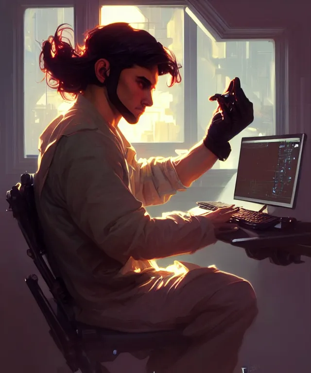 Image similar to Hacker man hacks computer, highly detailed, digital painting, artstation, concept art, smooth, sharp focus, illustration, art by artgerm and greg rutkowski and alphonse mucha