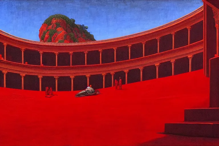 Image similar to only with red, a red melted emperor, taormina amphitheatre, crowd hails him, in the style of beksinski, parts by edward hopper, parts by rodcenko, parts by yue minjun, intricate and epic composition, red by caravaggio, insanely quality, highly detailed, masterpiece, red light, artstation, 4 k