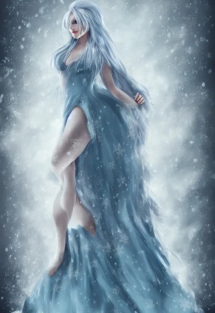 Prompt: full body portrait of a stunningly pretty woman with pale blue hair wearing a dress made out of snowflake in the middle of a snowstorm. award - winning digital art, trending on artstation