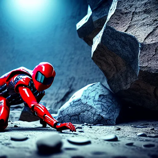 Prompt: breakdancing Kamen Rider snake oil salesman b-boy cowboy standing in a rock quarry, single character full body, 4k, glowing eyes, rock quarry location, daytime, rubber suit, pvc armor, dark blue with red secondary color segmented armor, biomechanical, techno organic armor, ultra realistic, moody colors, ultra realistic, Beautiful Cinematography