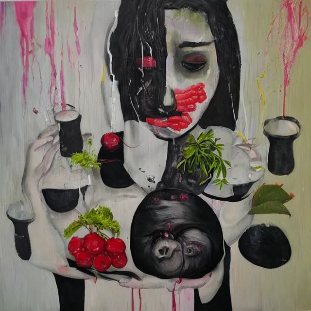 Image similar to “ a portrait in a female art student ’ s apartment, sensual, a pig theme, art supplies, paint tubes, ikebana, herbs, a candle dripping white wax, black walls, squashed berries, berry juice drips, acrylic and spray paint and oilstick on canvas, surrealism, neoexpressionism ”