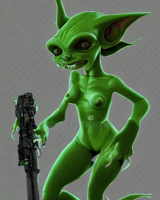 Prompt: attractive futuristic goblin girl with green skin holdig a laser rifle with hair on her head and pointy ears, photorealistic digital illustration, sci fi