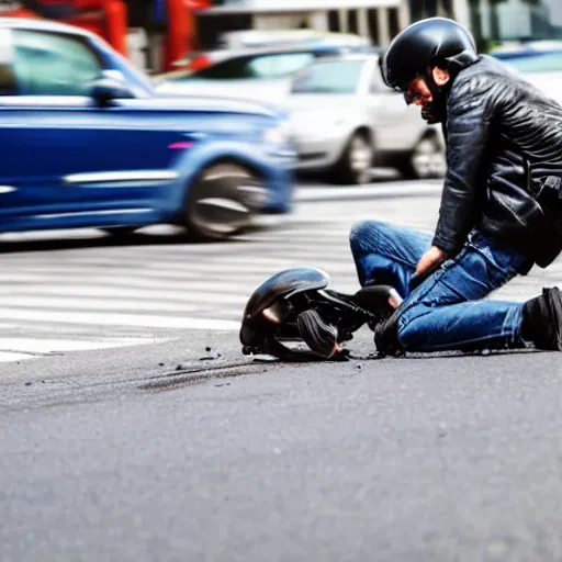 Image similar to man wearing a helmet, being hit by a car and falling off of his motorcycle