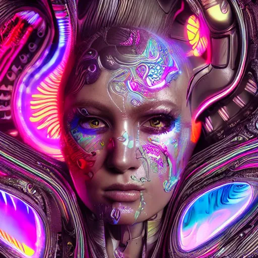 Prompt: psychedelic sexy female cyborg, award winning face, hyper detailed, flowing psychedelic background intricate and detailed, ornate 8 k gorgeous intricate detailed, neon, high dynamic range, hdr, octane render