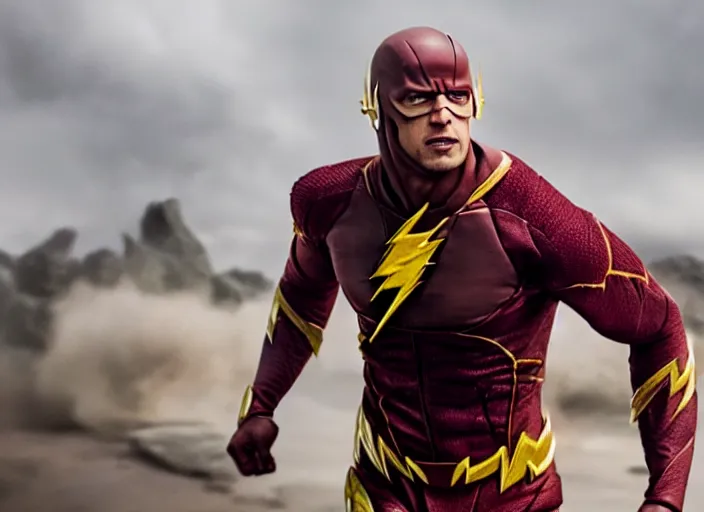 Image similar to film still of dwayne the rock johnson as the flash in the new flash movie, 4 k