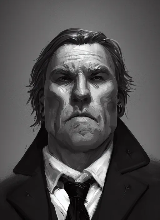 Image similar to a highly detailed illustration of 6 7 year - old clean - shaven chubby white man wearing black detective coat with necktie, heroic pose, strings background, intricate, elegant, highly detailed, centered, digital painting, artstation, concept art, smooth, sharp focus, league of legends concept art, wlop.