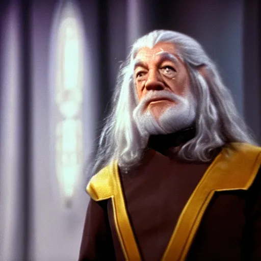 Image similar to A still of Gandalf as Captain Kirk on Star Trek, sharp focus, high quality, 4k