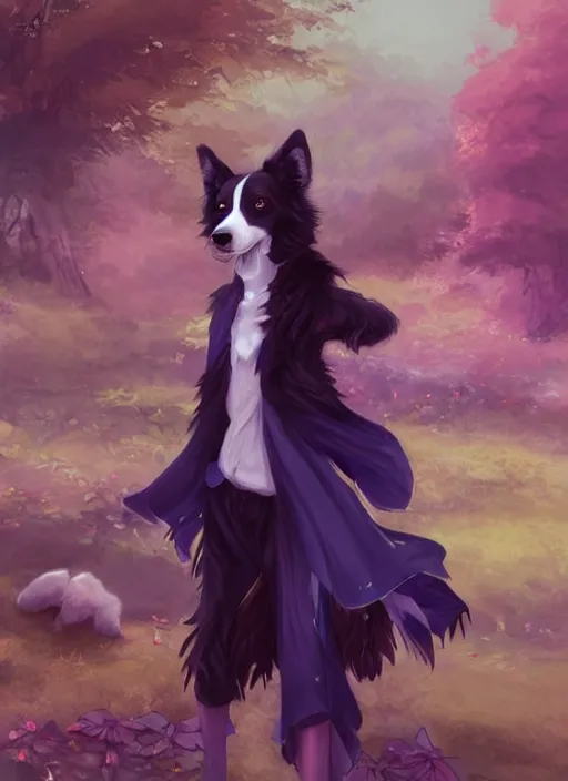 Prompt: beautiful wide angle full body portrait of a cute male anthropomorphic anthro border collie fursona wearing indigo clothes in a park, character design by charlie bowater, henry asencio, and ross tran, scenic background, detailed, glamor pose, aesthetic, trending on artstation, furaffinity, deviantart