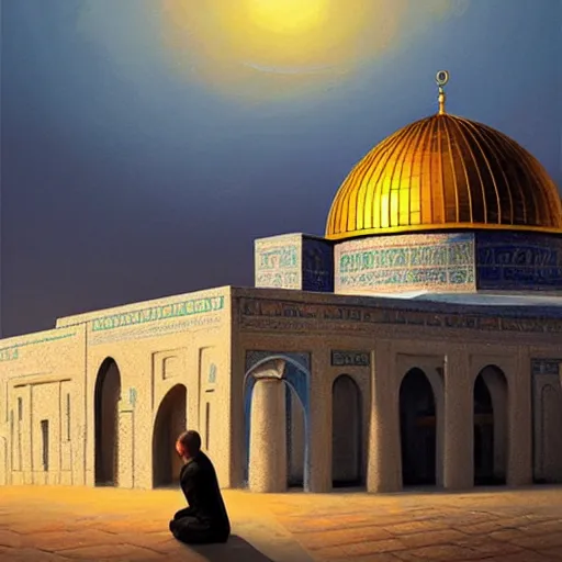 Image similar to a beautiful oil painting flyer design illustration of dome of the rock jerusalem and a muslim is praying to god in front of it, rule of thirds, sunset, highly detailed, perfect lighting, perfect composition, 4 k, artgerm, derek zabrocki, greg rutkowski - h 7 6 8