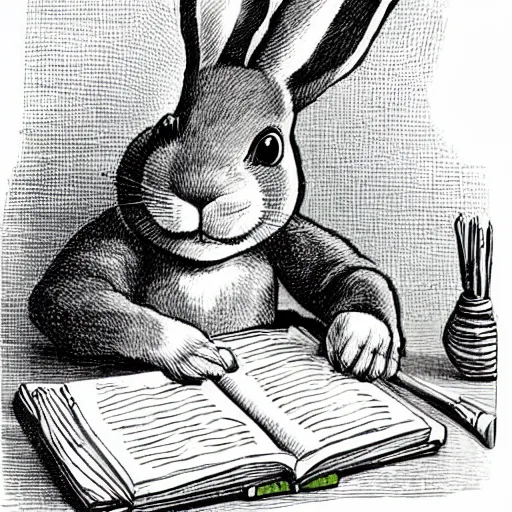 Image similar to a cute cartoon rabbit sitting at a table and writing on a notebook, Children's Book Illustration, Antoine de Saint-Exupéry