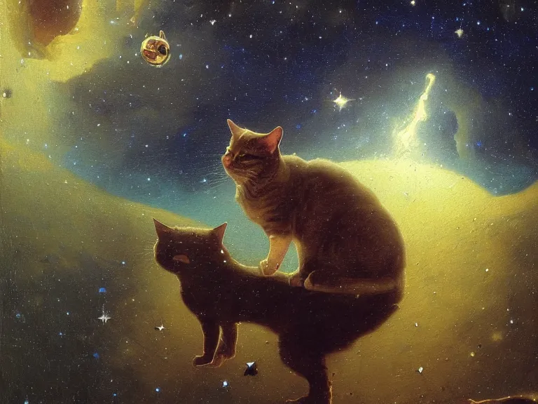 Prompt: an oil painting of a a cat in space, woth stars and nebula in the distance by beksinski carl spitzweg and tuomas korpi. baroque elements, full-length view. baroque element. intricate artwork by caravaggio. Trending on artstation. 8k