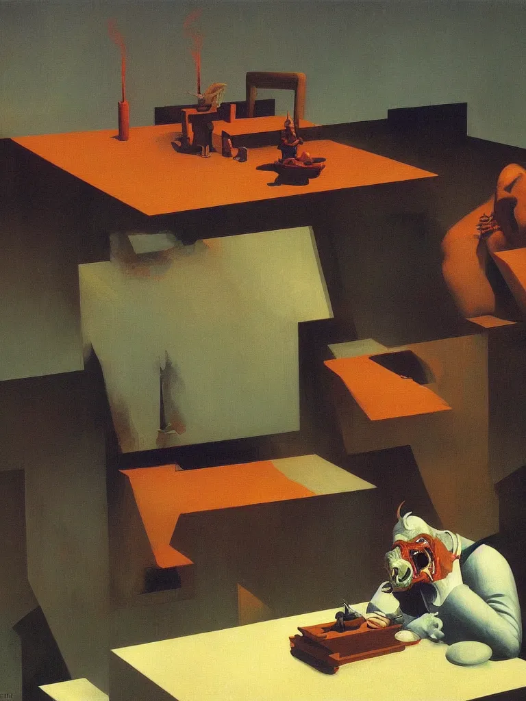 Prompt: the devil eating computer in the table edward hopper and james gilleard, zdzislaw beksinski highly detailed