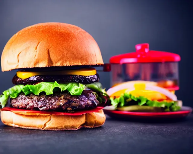 Image similar to big juicy burger, depth of field, food photography, uplight, isometric, studio, bokeh, gmaster, cooking, food, kodak, sony, canon