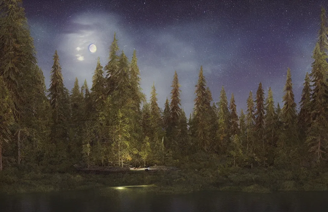 Image similar to full moon shining over a lake, forest in the background, starry night, dynamic glowing lighting, volumetric, bokeh, cinematic, establishing shot, extremly high detail, photo realistic, cinematic lighting, post processed, concept art, artstation, matte painting, style by eddie mendoza, raphael lacoste, alex ross