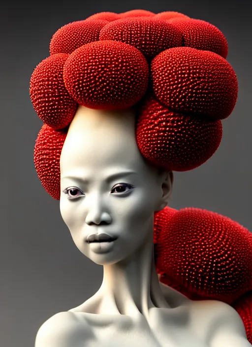 Image similar to intricate hyper detailed ultra sharp focus front shot 3 d render of a beautiful porcelain ivory afro woman, close - up, f 2. 8 1 5 0 mm, sharp focus, alexandre ferra, elegant bionic cyberpunk red mechanical haute couture fractal mushroom corals, white mycelum and fungi head ornaments, octane render, volumetric cinematic lighting, 8 k,