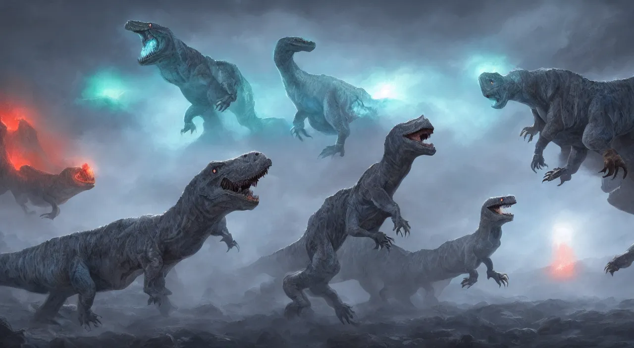 Image similar to colorful ghost dinosaurs, glowing with magic, trapped in slate grey walls, matte painting, fantasy art, concept art, 4 k