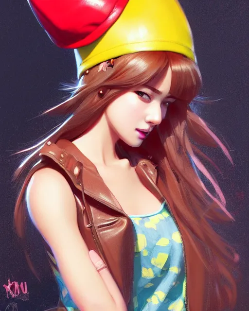 Image similar to pineapple girl wearing a candy hat and leather jacket, fine detail!! anime!! realistic shaded lighting!!, kim hyun joo, digital painting by ilya kuvshinov, magali villeneuve, artgerm, jeremy lipkin and michael garmash and rob rey