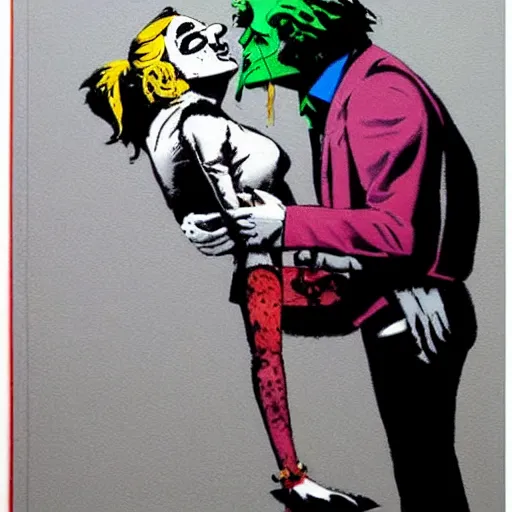 Image similar to banksy as joker and harley queen kissing, realistic content, detail content, paper border, 5 color