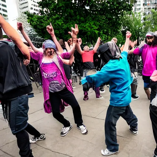 Image similar to a group of homeless people dancing to rave music,