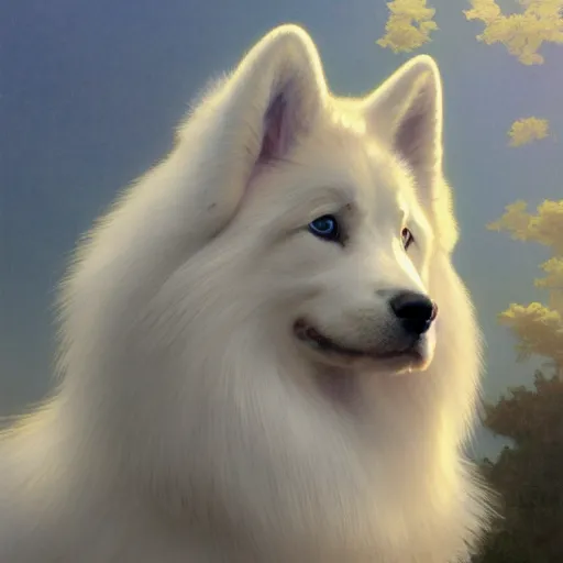 Prompt: samoyed dog, intricate, art by artgerm and greg rutkowski and alphonse mucha and william - adolphe bouguereau, high detailed, 4 k,