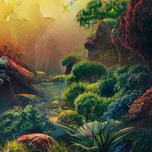 Image similar to beautiful detailed watercolor of a lush natural scene on a colourful alien planet by vincent bons. ultra sharp high quality digital render. detailed. beautiful landscape. weird vegetation. water. soft colour scheme. grainy.