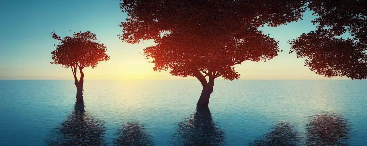 Image similar to a landscape photograph of a single tree on an island in the completely calm sea, the sunset reflecting in the sea, amazing colours, shadows, dramatic lighting, trending on artstation, octane render, 8 k, hd