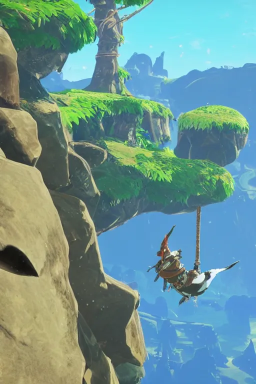 Image similar to in game footage of a penguin from the legend of zelda breath of the wild climbing q tree, breath of the wild art style.